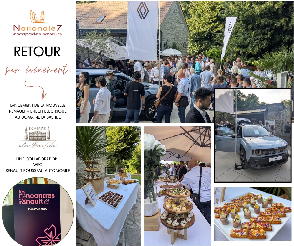 Lancement de la Renault 4L électrique au Domaine La Bastide : un événement corporate haut de gamme signé Nationale7 Traiteur, expert en gastronomie événementielle.