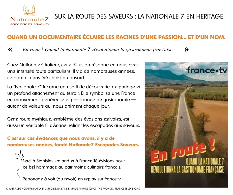 La "Nationale 7" incarne un esprit de découverte, de partage et un profond attachement au terroir. Elle symbolise une France en mouvement, généreuse et passionnée de gastronomie — autant de valeurs qui nous animent chaque jour. Cette route mythique, emblème des évasions estivales, est aussi un véritable fil d’Ariane, reliant les escapades aux saveurs. C’est sur ces évidences que nous avons, il y a de nombreuses années, fondé Nationale7 Escapades Saveurs.